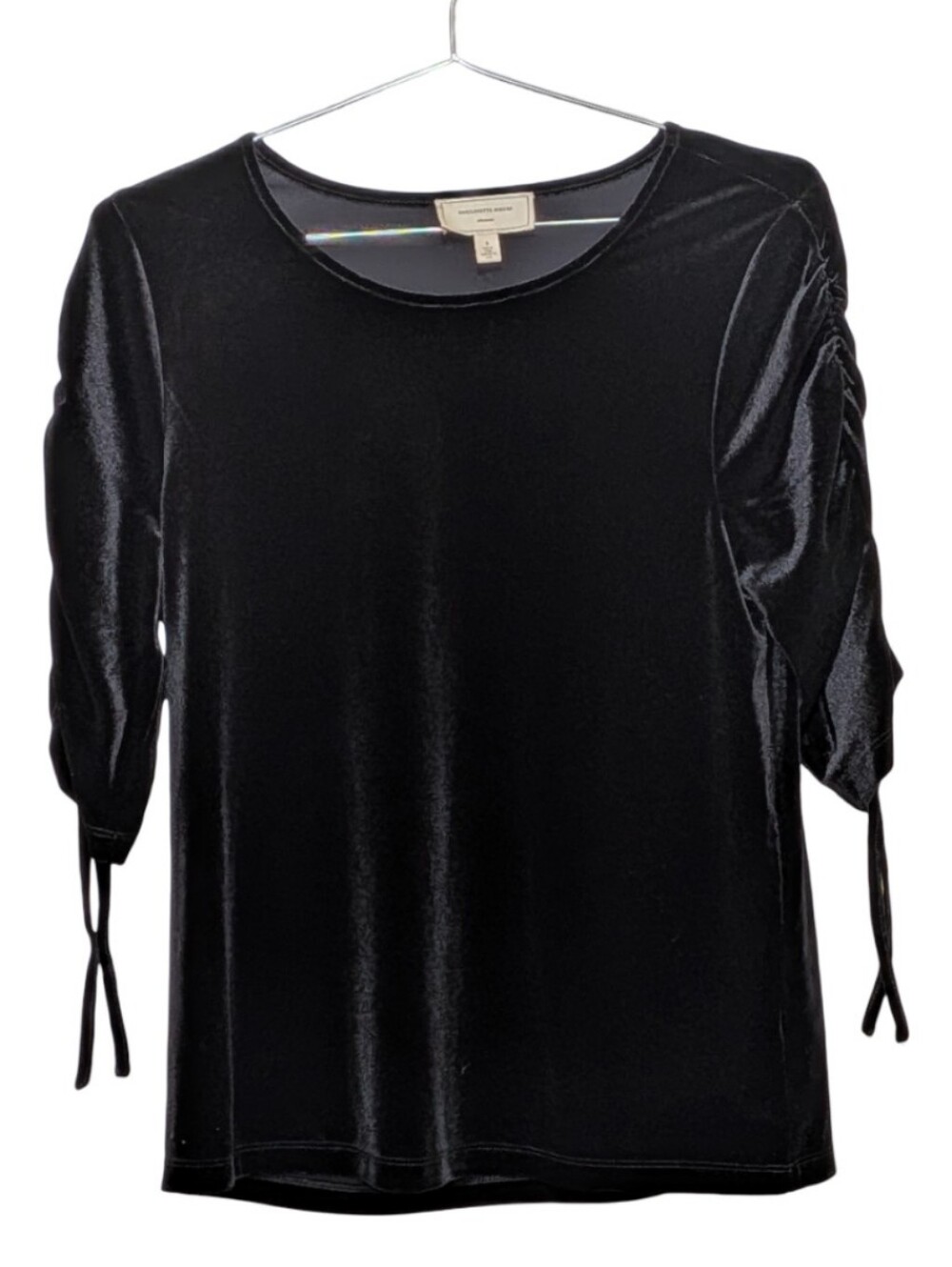 Moulinette Soeurs | Anthropologie | Womens Black Velvet Tie- Rutched Sleeve Top